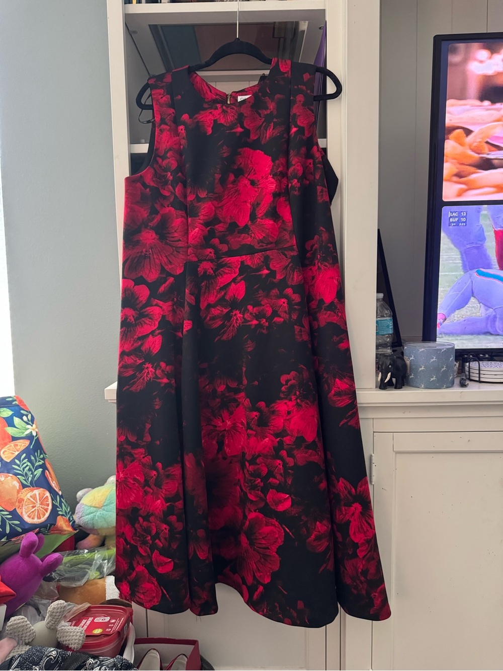 Calvin Klein Black A-Line Dress with Red Floral Print